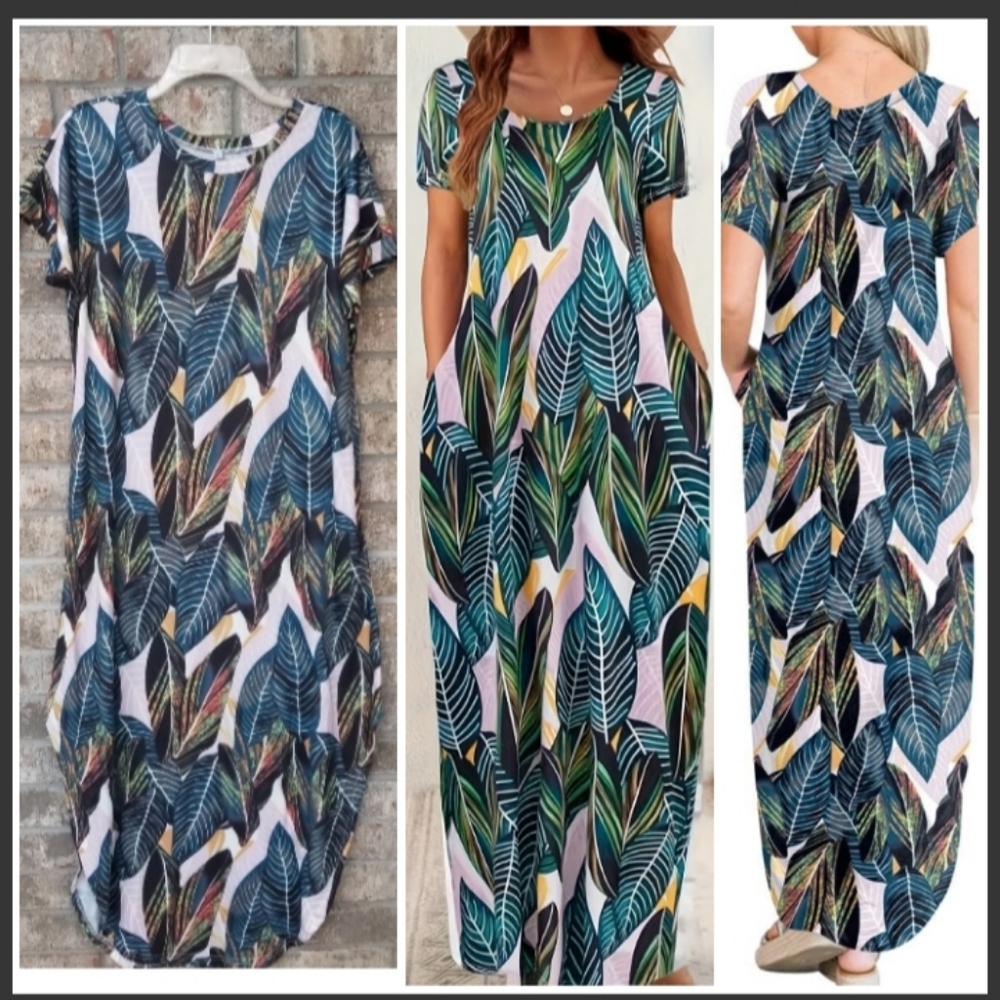 Palm Leaf Print SS Tshirt Maxi Dress W/ Side Splits (Size L) Beach Pool CoverUp